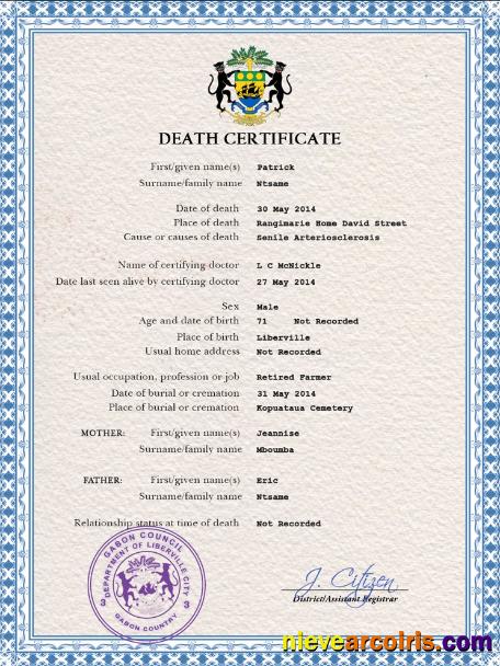 Gabon vital record death certificate